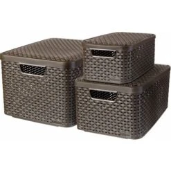 CURVER Lot De 3 Boîtes Avec Couvercle - 3 Caisses (6L+18L+30L) Avec Un Design Rotin Tressé Pour Salle De Bain, Chambre, Bureau - Poignées Ergonomiques - Marron Foncé