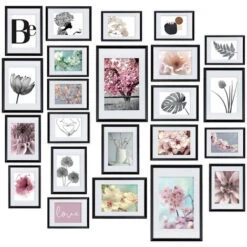 Bomoe Blossom Set De 24 Cadres Photo En Matière Synthétique, Cadre Decoration Murale Pele Mele Avec Passepartout, Lot Cadre Photo Noir