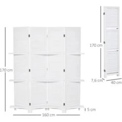 HOMCOM Paravent Intérieur 4 Panneaux 3 étagères Pliables Séparateur De Pièce Portes Persiennes Bois De Paulownia Blanc -ATMOSPHERA || VIDAXL || Safavieh Soldes 37865022 3