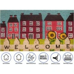 Baroni Home Paillasson Gain De Place Coco, Tapis D'Entrée Avec Revêtement De L'envers En PVC, Peint à La Main, 70X40X2 CM - Maisons Rouges Avec Message Welcome -ATMOSPHERA || VIDAXL || Safavieh Soldes 39176695 3