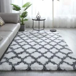 Tapis Salon Shaggy 160x230cm Blanc Avec Motif - Descente De Lit Tapis Poils Longs Tapis Doux Pour Salon Chambre Canapé