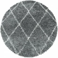 Tapis Rond à Poils Longs Design Berbère Motif Losanges (Gris Et Blanc - 80x80cm)