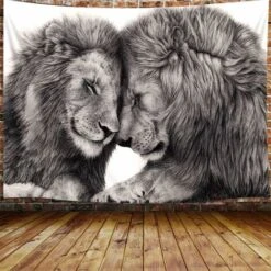 Tapisserie Lion Noir Et Blanc Pour Couples, Animaux Sauvages Africains Petite Tapisserie Tenture Murale Pour Chambre à Coucher, Couverture De Plage Hippie College Dorm Home Decor (60" L X 40" H)