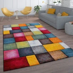 Paco Home Tapis De Salon À Poils Ras Design Carreaux Coloré Carré Multicolore Coloré 60x110 Cm
