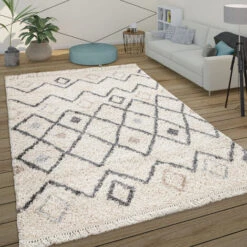 Paco Home Tapis Poils Longs Shaggy Salon Scandinave Motif Diamant Moderne Beige 120x170 Cm