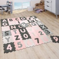 Paco Home Tapis Puzzle Jeux Tapis Mousse Tapis Bébé Fille Chiffres Lettres Pastel Rose 32x32 Cm X 36 Pièces