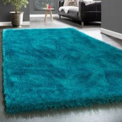 Paco Home Élégant Tapis Shaggy Poils Hauts Uni Moelleux Brillant En Turquoise 160x230 Cm