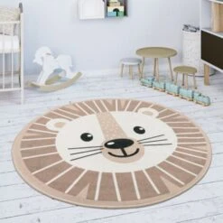 Paco Home Tapis Rond Chambre Enfant Tapis De Jeux Tapis Bébé Motif Lions Beige Blanc 80 Cm Rond