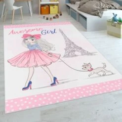 Paco Home Tapis Pour Enfants, Tissage Plat Pour Chambre D'enfant, Motif Fille Et Impression, En Rose 80x150 Cm