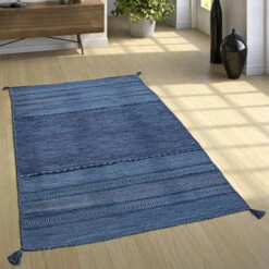 Paco Home Tapis De Créateur Tapis Tissé Kilim Tissé Main 100 % Coton Moderne À Motifs Bleu 60x110 Cm