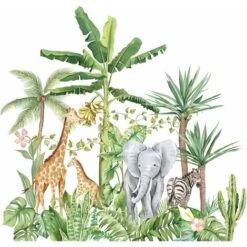 Autocollants Muraux Cartoon Animal De Forêt Tropicale Humide, Amovibles De Plantes Vertes Lion Girafe Éléphant Stickers, DIY Mur Art Décor Décorations Pour La Mur Fenêtres Maison Pour Salon,75x72cm,St
