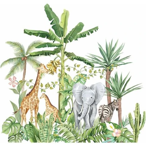Autocollants Muraux Cartoon Animal De Forêt Tropicale Humide, Amovibles De Plantes Vertes Lion Girafe Éléphant Stickers, DIY Mur Art Décor Décorations Pour La Mur Fenêtres Maison Pour Salon,75x72cm,St 3 Autocollants Muraux Cartoon Animal De Forêt Tropicale Humide, Amovibles De Plantes Vertes Lion Girafe Éléphant Stickers, DIY Mur Art Décor Décorations Pour La Mur Fenêtres Maison Pour Salon,75x72cm,St