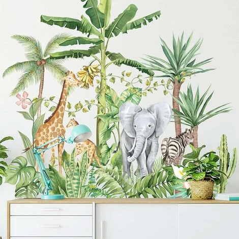 Autocollants Muraux Cartoon Animal De Forêt Tropicale Humide, Amovibles De Plantes Vertes Lion Girafe Éléphant Stickers, DIY Mur Art Décor Décorations Pour La Mur Fenêtres Maison Pour Salon,75x72cm,St 4 Autocollants Muraux Cartoon Animal De Forêt Tropicale Humide, Amovibles De Plantes Vertes Lion Girafe Éléphant Stickers, DIY Mur Art Décor Décorations Pour La Mur Fenêtres Maison Pour Salon,75x72cm,St – Image 2