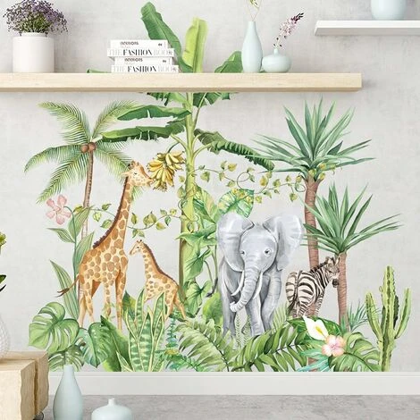 Autocollants Muraux Cartoon Animal De Forêt Tropicale Humide, Amovibles De Plantes Vertes Lion Girafe Éléphant Stickers, DIY Mur Art Décor Décorations Pour La Mur Fenêtres Maison Pour Salon,75x72cm,St 6 Autocollants Muraux Cartoon Animal De Forêt Tropicale Humide, Amovibles De Plantes Vertes Lion Girafe Éléphant Stickers, DIY Mur Art Décor Décorations Pour La Mur Fenêtres Maison Pour Salon,75x72cm,St – Image 4