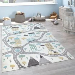 Paco Home Tapis Enfant Chambre Enfant Pastel Garçon Fille Voitures Crème Bleu Pétrole Gris 80x150 Cm