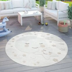 Paco Home Tapis Enfant Chambre Enfant Rond Tapis De Jeux Garçon Fille Effet 3D Lune Beige 120 Cm Rond