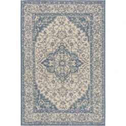 Tapis D'intérieur/extérieur Médaillon Tissé à La Puissance, Collection Maison De Plage, BHS137, En Crème & Bleu, 79 X 152 Cm Par SAFAVIEH