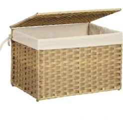 Songmics Boîte De Rangement Rotin, Bac De Rangement, Panier à Linge 65 L, Corbeille Décorative, Coffre De Rangement, Avec Poignées, Doublure, Couvercle, Pour Chambre, Buanderie, Couleur Boisée RST56NL