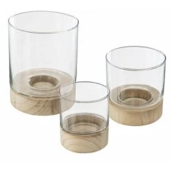 Set De 3 Photophores En Verre Et Support En Bois - SILUMEN