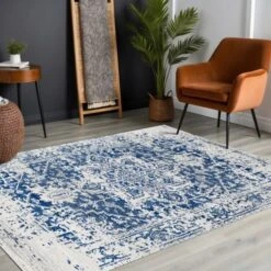 SURYA Tapis De Salon à Poils Courts Et Doux Vintage Oriental Bleu Et Beige 120x170 Cm