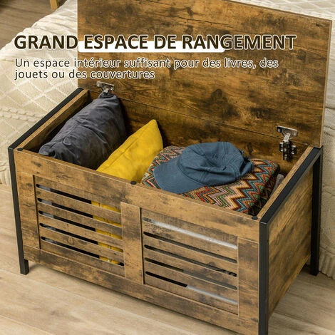 HOMCOM Coffre De Rangement Design Industriel Châssis Acier Noir Panneaux Particules Aspect Vieux Bois 7 HOMCOM Coffre De Rangement Design Industriel Châssis Acier Noir Panneaux Particules Aspect Vieux Bois – Image 5
