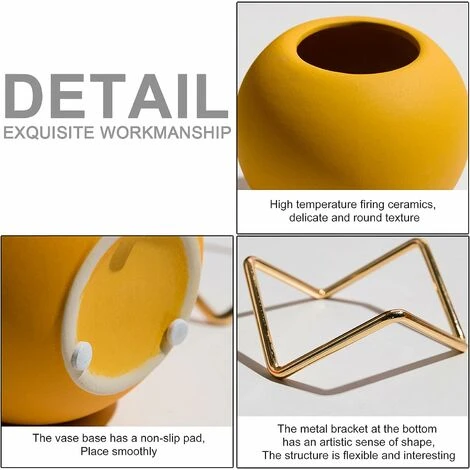 Vase De Fleurs En Céramique, Style Nordique Avec Support En Métal, Vase De Fleurs Décoratif Moderne, Vase Rond En Poterie Pour Mariage, Maison, Centre De Table, Jaune 5 Vase De Fleurs En Céramique, Style Nordique Avec Support En Métal, Vase De Fleurs Décoratif Moderne, Vase Rond En Poterie Pour Mariage, Maison, Centre De Table, Jaune – Image 3