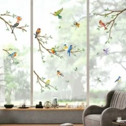 Autocollants Fenêtre Oiseaux Sur Branche Arbre Anti-Collision Stickers Colibri Feuilles Vertes Stickers Vitre Anti-Adhésifs Fenêtre Porte Salle De Bain Décalques Lefou