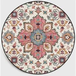 Tapis Rond 100cm Motif De Fleurs Colorées Tapis Bohème Décoratif Salon Chambre Mandala Imprimé Tapis Rond Vintage Boho Intérieur Et Extérieur