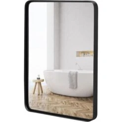 COSTWAY Grand Miroir De Salle De Bain Avec Cadre En Métal Noir, Miroir De Coiffeuse Mural Rectangulaire Arrondi Avec Cadre En Métal Noir Mat, Pour Salle De Bain, Couloir