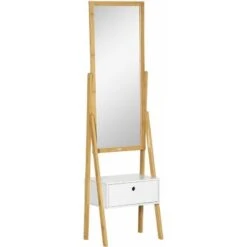 HOMCOM Miroir Sur Pied Avec Rangement Tiroir En Bambou Et MDF - Dim. 45L X 30l X 160H Cm - Blanc Et Naturel