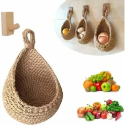 Déstockage Paniers De Fruits Et Légumes Suspendus Au Mur, Corbeille De Fruits Ou De Légumes Tissée à La Main En Forme De Goutte D'eau De Jute, Panier De Rangement Suspendu De Cuisine (Hauteur 14cm, L
