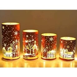 Lampes Décoratives De Noël à LED, Lot De 4 Photophores En Verre à LED, Décoration Noël Rouge Et Or , Paysage De Noël,Hiver.