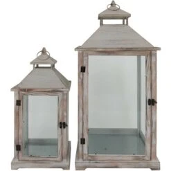 Rebecca Mobili Set De 2 Lanternes Décoratives Verre Pvc Bois Clair 72x32x27