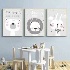 Tableau Bebe Garcon Posters Nordique Affiches Enfant Chambre Animaux Lion Ours Lapin Dessins Peinture Sur Toile D��coration Murale Cadeaux S(20X30CM) 3pcs Gris -ATMOSPHERA || VIDAXL || Safavieh Soldes 69547326 4