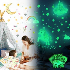 MINKUROW Licorne Étoile Lumineuse Plafond Stickers Muraux-Étoile Fluorescente,Arc En Ciel Décoration Chambre Enfant Et Fille(174 Pcs)