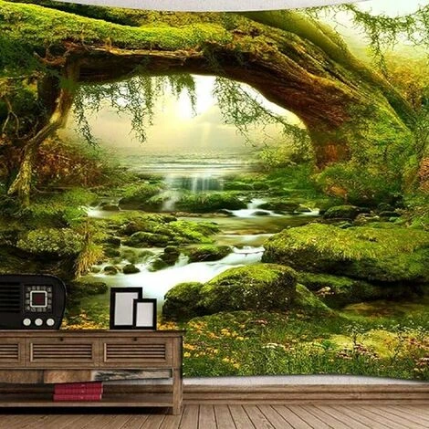 Tapisserie Murale - Forêt Psychédélique - Lumière Du Soleil Claire - Tenture - Paysage - Jungle Bohémienne - Art Mural - Décor (200 X 150 CM) 6 Tapisserie Murale - Forêt Psychédélique - Lumière Du Soleil Claire - Tenture - Paysage - Jungle Bohémienne - Art Mural - Décor (200 X 150 CM) – Image 4