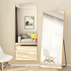 NeuType Grand Miroir Mural En Rectangulaire Porte Miroir Sur Pied 163X54cm Doré Miroir De Pleine Longueur Dressing Miroir Pour Salon Chambre Salle De Bain Couloir Cadre En Alliage D'aluminium