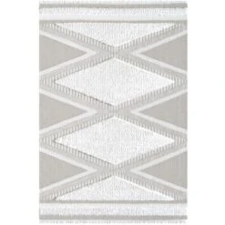 Tapis Lavable Berbère Crème Taupe Motifs Reliefs Géométriques 57x100 Cm M04 - TOUTAPIS