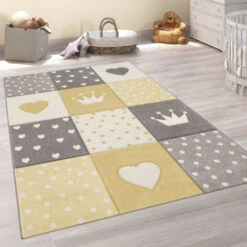 Paco Home Tapis Enfant Tapis Chambre Enfant Fille Garcon Pastel 3D Pois Coeur Jaune 120 Cm Rond