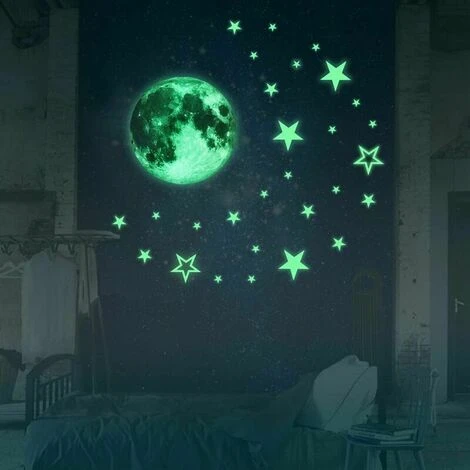 30cm Lune + 27 Pièces D'étoiles Lumineuses Lune étoiles Dot Stickers Muraux Créatifs Fluorescents Autocollants Muraux Autocollants De Décoration De Chambre D'enfants 4 30cm Lune + 27 Pièces D'étoiles Lumineuses Lune étoiles Dot Stickers Muraux Créatifs Fluorescents Autocollants Muraux Autocollants De Décoration De Chambre D'enfants – Image 2