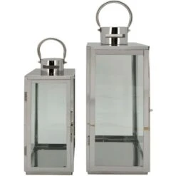 Rebecca Mobili Lot De 2 Grandes Lanternes En Acier Pvc Gris Argenté Pour Intérieur Extérieur