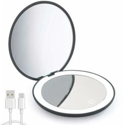 Miroir Compact à LED, Grossissement 1x/10x Rechargeable, Petit Miroir De Maquillage De Voyage à Intensité Variable, Miroir De Poche, Cadeaux Pour Filles, Noir