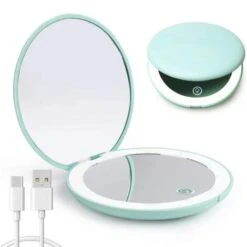 Miroir Compact à LED, Grossissement 1x/10x Rechargeable, Petit Miroir De Maquillage De Voyage à Intensité Variable, Miroir De Poche, Cadeaux Pour Filles, Vert