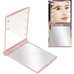 Miroir Cosmétique Avec Lumières LED, Miroir De Maquillage Pliant En Verre Pour Les Femmes Portable,Rose