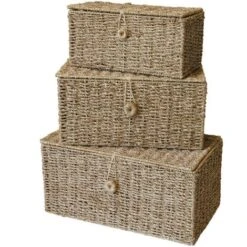 Lot De 3 Malles - Coffres - Grands Paniers- Jonc De Mer S Et M Et L - 32x17x15cm - 38x22x18,5 -44x27x21cm