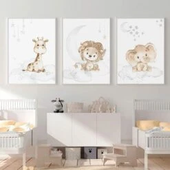 3 Posters Girafe Lion Elephant Nuage Lune Etoiles Affiches Decoration Chambre Bebe Enfants Fille Garcon Tableau Murales Cadeau Sans Cadre PTAN001-L