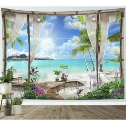 200x150cm Tapisserie Murale Ocan Turquoise Tenture Murale Plage Couverture Murales Paysage De L'le Tropicale Depuis Le Balcon Tapisseries Decoration Murales Pour Maison Salon Chambre Dortoir