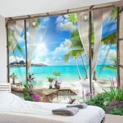 200x150cm Tapisserie Murale Ocan Turquoise Tenture Murale Plage Couverture Murales Paysage De L'le Tropicale Depuis Le Balcon Tapisseries Decoration Murales Pour Maison Salon Chambre Dortoir -ATMOSPHERA || VIDAXL || Safavieh Soldes 88829242 3