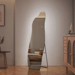 EMKE Miroir Sur Pied 145x50 Cm, Miroir Pleine Avec Formes Irrégulières Pour Salon, Chambre, Salon Et Dressing 3 Lumières Couleurs