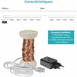 Guirlande Led Cuivre 20M - Bobine 20M Guirlande Lumineuse Led - Guirlande Leds Pour Deco Chambre, Déco De Noël, Ambiance Poétique Et Romantique - Cuivre Zhuoxuan -ATMOSPHERA || VIDAXL || Safavieh Soldes 92294550 2
